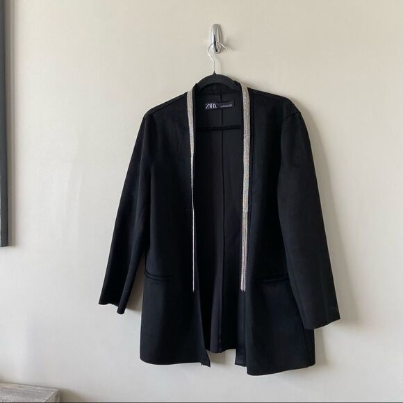 Zara-faux suede Tassel Bead Collar Detail Double Pocket Jacket (Size:Large) - Picture 4 of 8